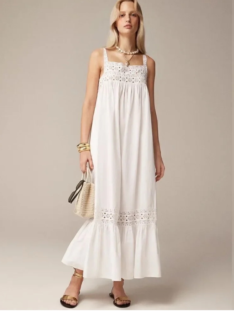 J. Crew Athena White Lace Trim Cotton Maxi Slip Dress Size M Nwt Ca657